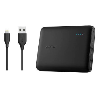 شارژر همراه انکر مدل A1214 PowerCore ظرفیت 10400 میلی آمپر ساعت به همراه کابل تبدیل USB به لایتنینگ انکر مدل A8111 PowerLine به طول 90 سانتی متر