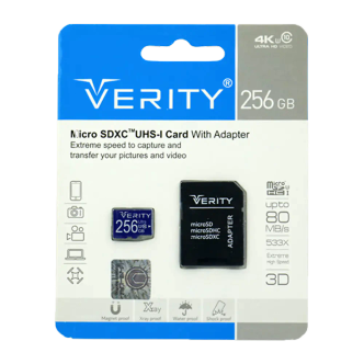 کارت حافظه میکرو ۲۵۶ گیگابایت وریتی Verity Ultra U3 C10 80MB/s + خشاب کارت حافظه میکرو ۲۵۶ گیگابایت وریتی Verity Ultra U3 C10 80MB/s + خشاب