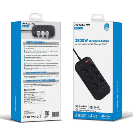 KingStar KPS5105 6 Way PowerStrip 2M With 4 USB