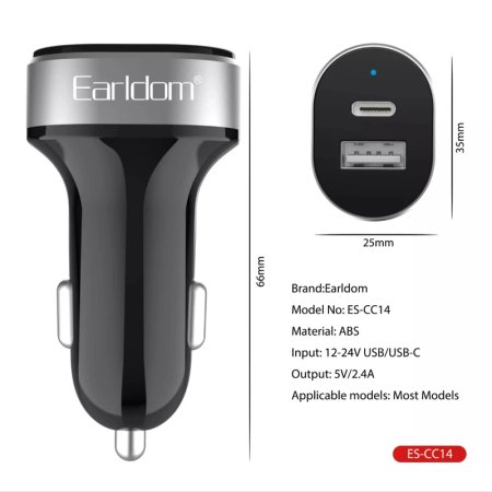 Earldom ES-CC14 2.4A QC3.0 PD 12W Car Charger With Lightning Cable