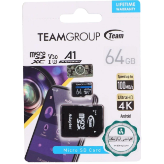 کارت حافظه میکرو 64 گیگ تیم گروپ TeamGroup A1 V30 U3 C10 64GB 100MB/s + خشاب کارت حافظه میکرو 64 گیگ تیم گروپ TeamGroup A1 V30 U3 C10 64GB 100MB/s + خشاب