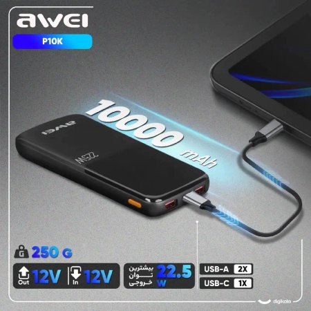 Awei P10K 22.5W power bank, 10000mAh capacity