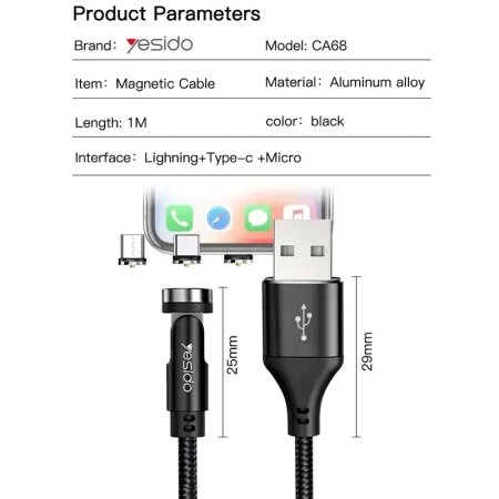 Magnetic conversion cable USB to microUSB / USB-C / Lightning Yesido model CA68