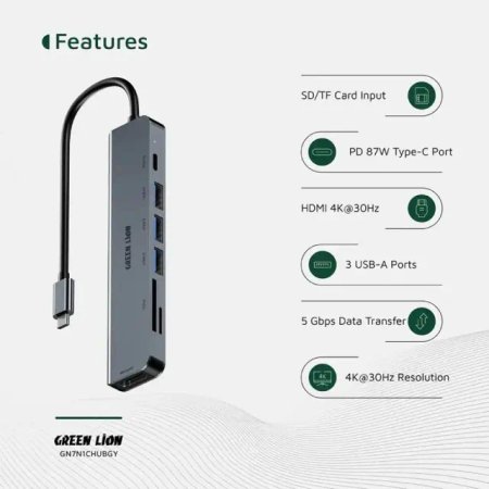 هاب 7 پورت با ورودی Type C گرین لاین مدل GHB-9