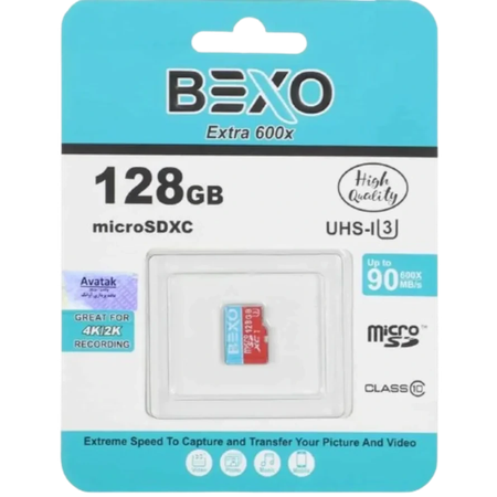 کارت حافظه microSDXC بکسو مدل 600X کلاس 10 استاندارد UHS-I U3 سرعت 90MBps ظرفیت 128 گیگابایت