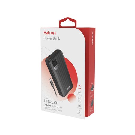 پاوربانک هترون مدل HPB2050 با ظرفیت 20000 میلیآمپر ساعت، دو پورت USB-A، یک پورت TYPE-C، صفحه نمایش LCD و کابل 65 وات بومی