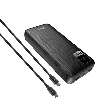 پاوربانک هترون مدل HPB2050 با ظرفیت 20000 میلیآمپر ساعت، دو پورت USB-A، یک پورت TYPE-C، صفحه نمایش LCD و کابل 65 وات بومی