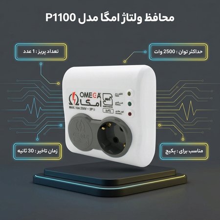 محافظ ولتاژ پکیج 2 خانه امگا مدل P1100 با دوشاخه ارتدار و نشانگرهای LED