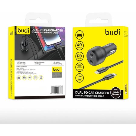 شارژر فندکی 20 وات دو پورت بودی مدل CC108RTLB به همراه کابل تبدیل USB-C به لایتنینگ